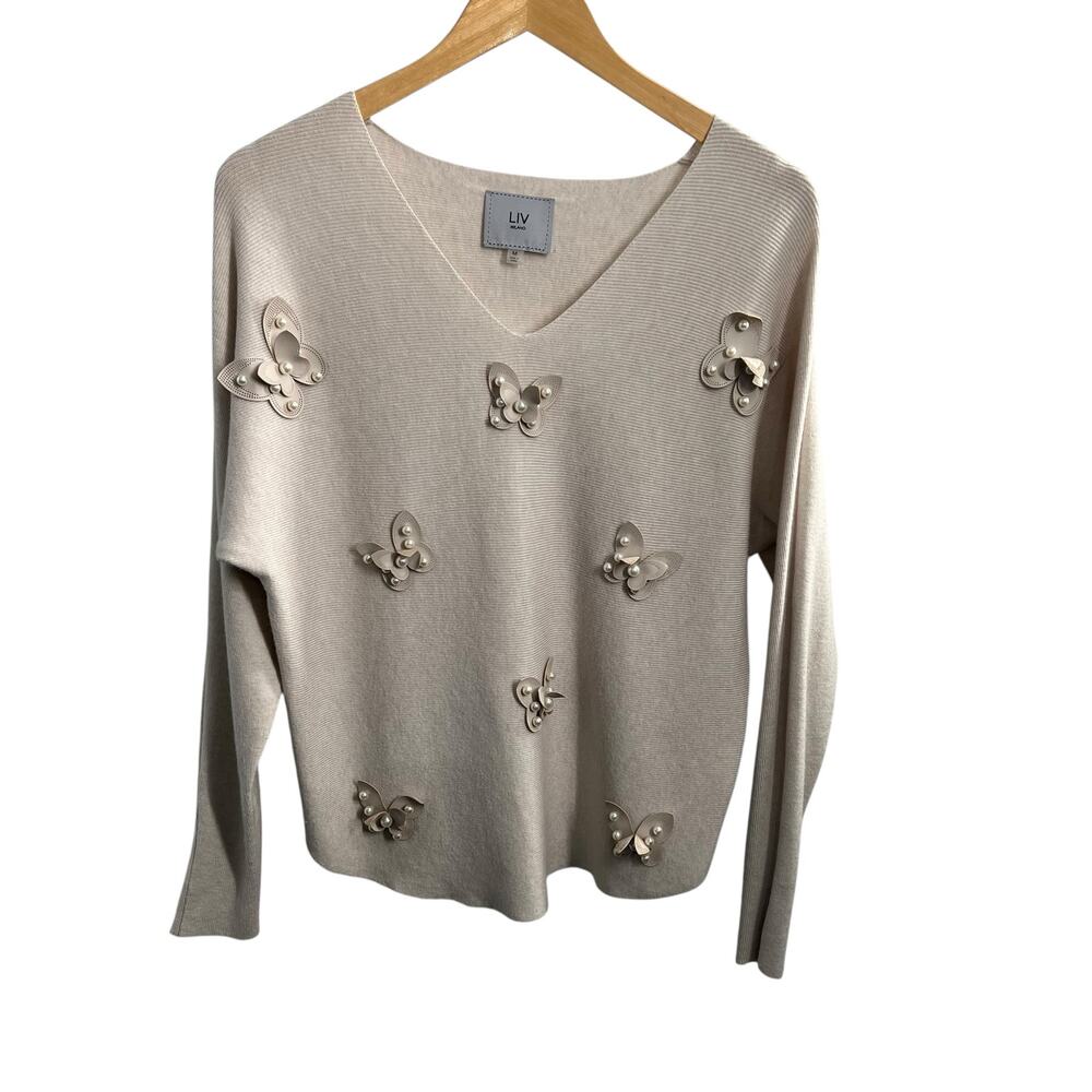 LIV Milano Leather Butterflies Embellished Pearl Dolman Sleeve Sweater Medium